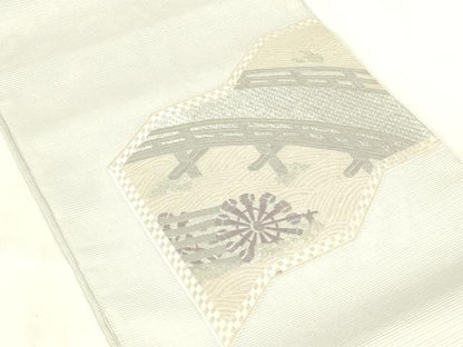 平和屋着物＊夏物 太鼓柄袋帯 総刺繍 渡橋水車文 銀糸 正絹 逸品 DABC8076cm