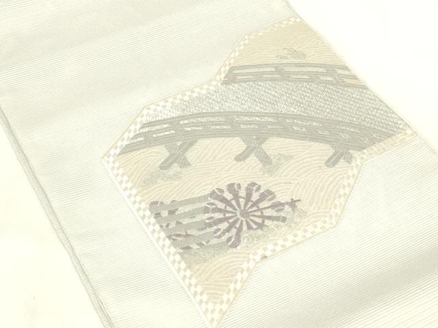 平和屋着物＊夏物 太鼓柄袋帯 総刺繍 渡橋水車文 銀糸 正絹 逸品 DABC8076cm