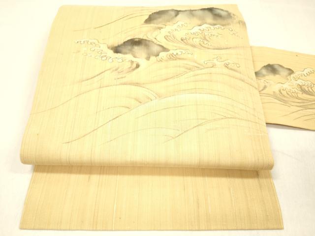 平和屋着物＊夏物 九寸名古屋帯 手描き 立波文 麻 逸品 DABC8082cm