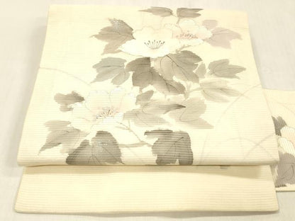 平和屋着物＊夏物　九寸名古屋帯　作家物　手描き　刺繍　草花文　銀彩　正絹　逸品　DABC8087cm