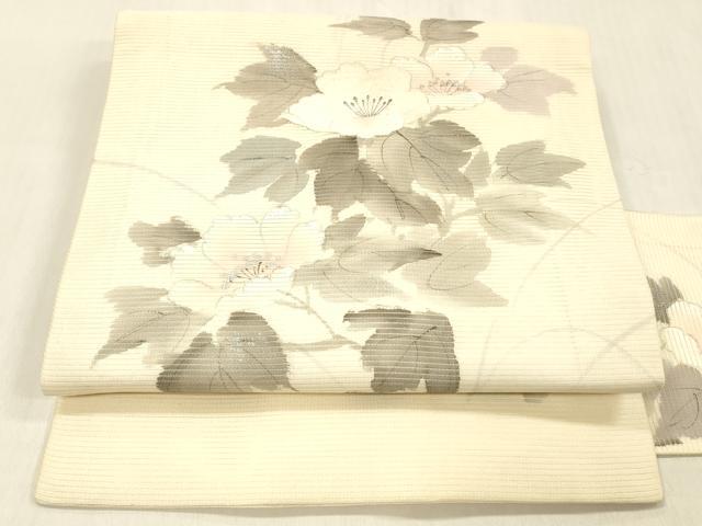 平和屋着物＊夏物　九寸名古屋帯　作家物　手描き　刺繍　草花文　銀彩　正絹　逸品　DABC8087cm