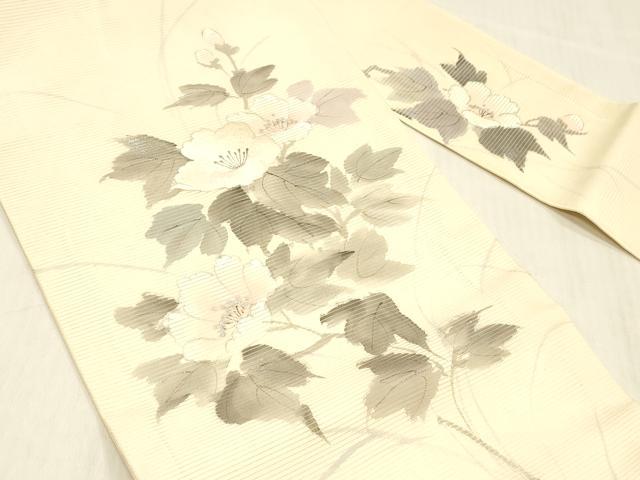 平和屋着物＊夏物　九寸名古屋帯　作家物　手描き　刺繍　草花文　銀彩　正絹　逸品　DABC8087cm