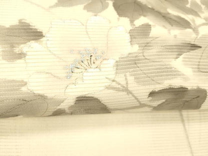 平和屋着物＊夏物　九寸名古屋帯　作家物　手描き　刺繍　草花文　銀彩　正絹　逸品　DABC8087cm