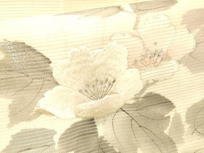 平和屋着物＊夏物　九寸名古屋帯　作家物　手描き　刺繍　草花文　銀彩　正絹　逸品　DABC8087cm