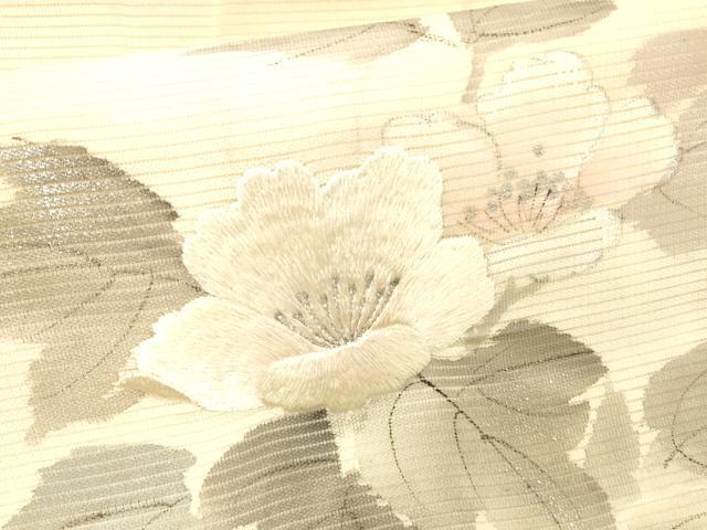 平和屋着物＊夏物　九寸名古屋帯　作家物　手描き　刺繍　草花文　銀彩　正絹　逸品　DABC8087cm