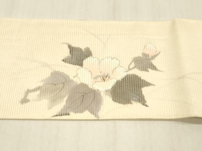 平和屋着物＊夏物　九寸名古屋帯　作家物　手描き　刺繍　草花文　銀彩　正絹　逸品　DABC8087cm