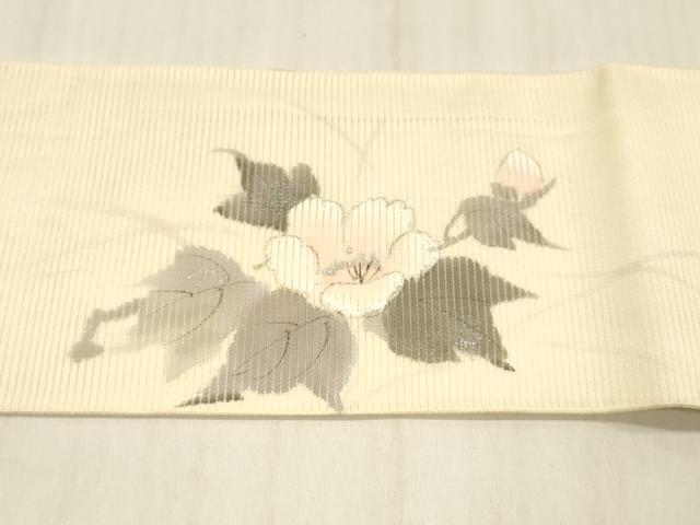 平和屋着物＊夏物　九寸名古屋帯　作家物　手描き　刺繍　草花文　銀彩　正絹　逸品　DABC8087cm