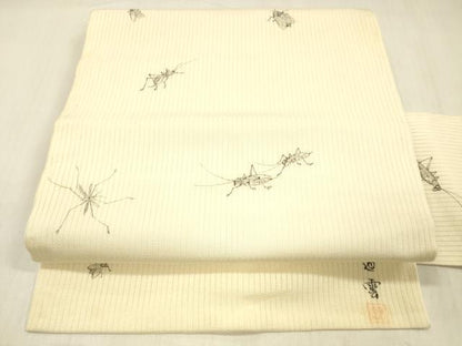 平和屋着物＊夏物 九寸名古屋帯 作家物 手描き 縦絽縮緬 夏虫 正絹 逸品 DABC8089cm