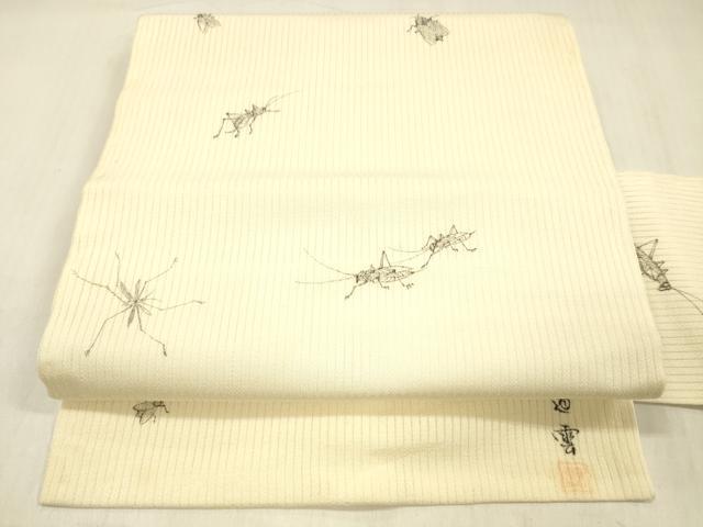 平和屋着物＊夏物 九寸名古屋帯 作家物 手描き 縦絽縮緬 夏虫 正絹 逸品 DABC8089cm