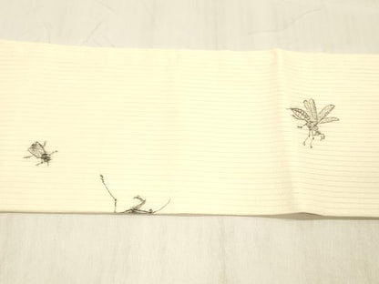 平和屋着物＊夏物 九寸名古屋帯 作家物 手描き 縦絽縮緬 夏虫 正絹 逸品 DABC8089cm