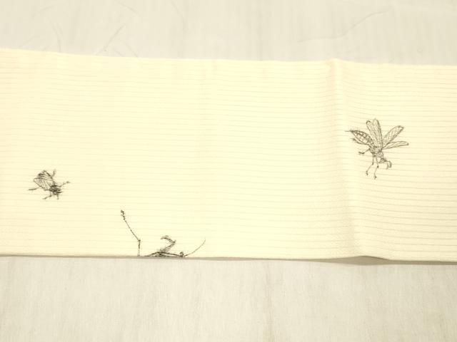 平和屋着物＊夏物 九寸名古屋帯 作家物 手描き 縦絽縮緬 夏虫 正絹 逸品 DABC8089cm