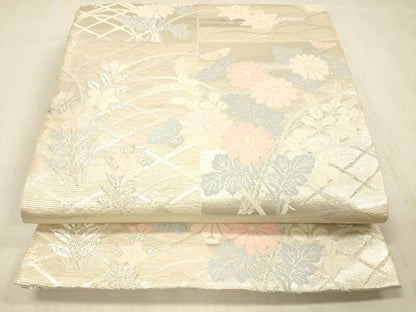 平和屋着物＊夏物 六通柄袋帯 草花文 銀糸 正絹 逸品 DABC8115cm