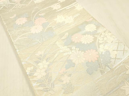 平和屋着物＊夏物 六通柄袋帯 草花文 銀糸 正絹 逸品 DABC8115cm