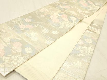 平和屋着物＊夏物 六通柄袋帯 草花文 銀糸 正絹 逸品 DABC8115cm