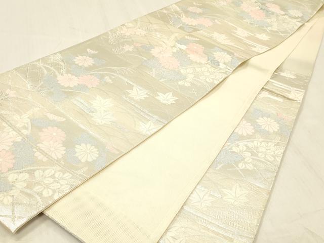 平和屋着物＊夏物 六通柄袋帯 草花文 銀糸 正絹 逸品 DABC8115cm
