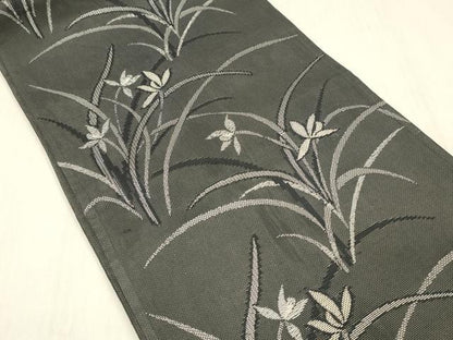 平和屋着物＊夏物 六通柄袋帯 草花文 黒地 銀糸 正絹 逸品 DABC8116cm