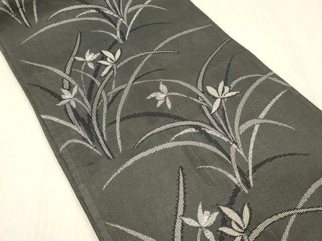 平和屋着物＊夏物 六通柄袋帯 草花文 黒地 銀糸 正絹 逸品 DABC8116cm