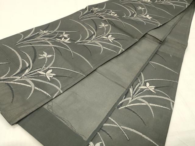 平和屋着物＊夏物 六通柄袋帯 草花文 黒地 銀糸 正絹 逸品 DABC8116cm