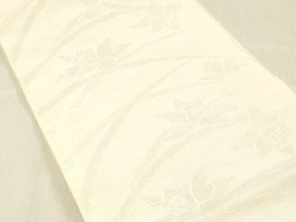 平和屋着物＊夏物 八寸名古屋帯 草花文 生成り色 DABC8121cm