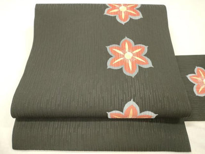 平和屋着物＊夏物 九寸名古屋帯 花間道 黒地 金彩 正絹 逸品 DABC8123cm