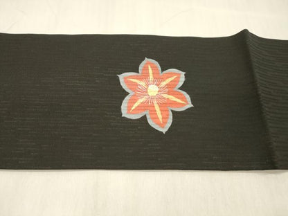 平和屋着物＊夏物 九寸名古屋帯 花間道 黒地 金彩 正絹 逸品 DABC8123cm