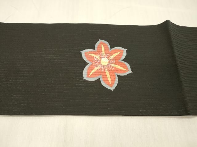 平和屋着物＊夏物 九寸名古屋帯 花間道 黒地 金彩 正絹 逸品 DABC8123cm