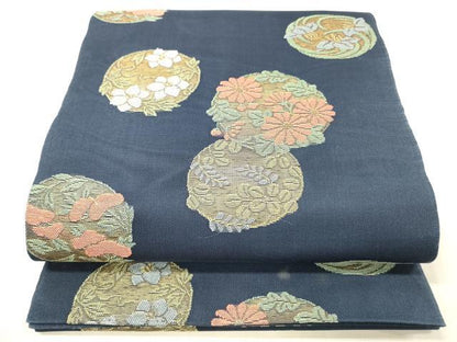 平和屋着物＊夏物 六通柄 本袋帯 草花丸文 金糸 正絹 逸品 DABC8126cm