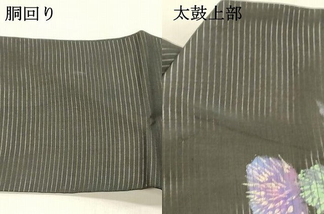平和屋着物＊夏物 アンティーク 大正ロマン 絽塩瀬 九寸名古屋帯 手描き 草花文 黒地 正絹 逸品 DABC8127cm