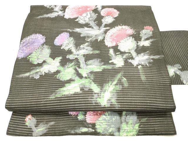 平和屋着物＊夏物 アンティーク 大正ロマン 絽塩瀬 九寸名古屋帯 手描き 草花文 黒地 正絹 逸品 DABC8127cm