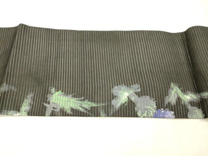 平和屋着物＊夏物 アンティーク 大正ロマン 絽塩瀬 九寸名古屋帯 手描き 草花文 黒地 正絹 逸品 DABC8127cm