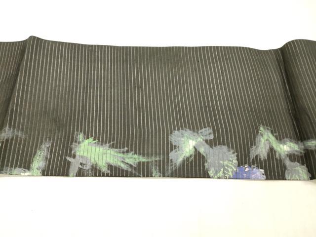 平和屋着物＊夏物 アンティーク 大正ロマン 絽塩瀬 九寸名古屋帯 手描き 草花文 黒地 正絹 逸品 DABC8127cm