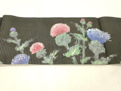 平和屋着物＊夏物 アンティーク 大正ロマン 絽塩瀬 九寸名古屋帯 手描き 草花文 黒地 正絹 逸品 DABC8127cm