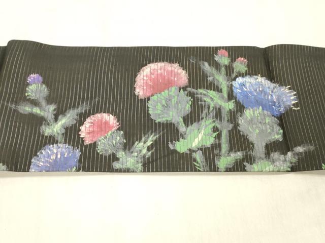 平和屋着物＊夏物 アンティーク 大正ロマン 絽塩瀬 九寸名古屋帯 手描き 草花文 黒地 正絹 逸品 DABC8127cm