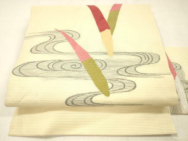 平和屋着物＊夏物 九寸名古屋帯 唐織 流水草葉文 正絹 逸品 DABC8128cm