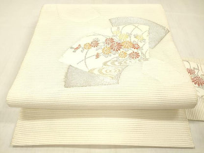平和屋着物＊夏物 絽綴れ 八寸名古屋帯 地紙流水花文 金銀糸 正絹 逸品 DABC8130cm