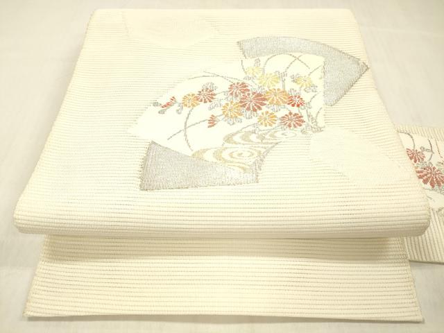 平和屋着物＊夏物 絽綴れ 八寸名古屋帯 地紙流水花文 金銀糸 正絹 逸品 DABC8130cm