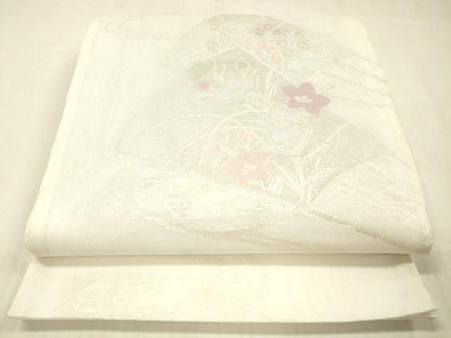 平和屋着物＊夏物 六通柄袋帯 流水扇面草花文 銀糸 DABC8137cm