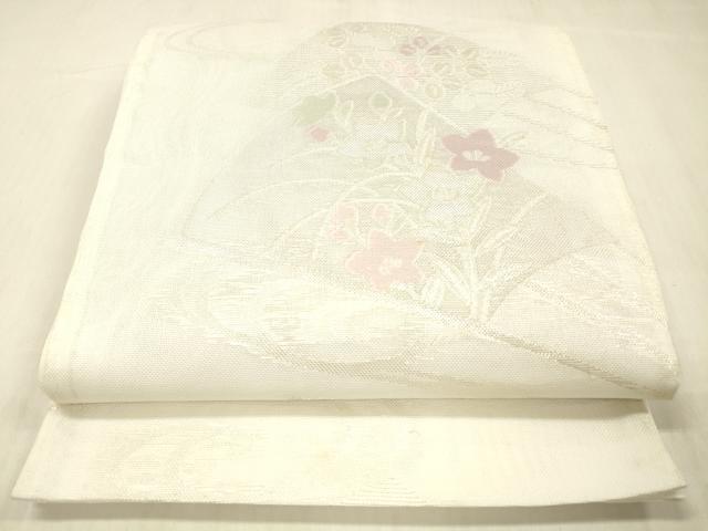 平和屋着物＊夏物 六通柄袋帯 流水扇面草花文 銀糸 DABC8137cm
