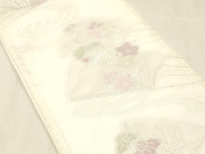 平和屋着物＊夏物 六通柄袋帯 流水扇面草花文 銀糸 DABC8137cm
