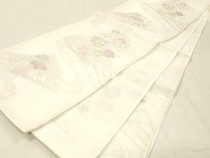 平和屋着物＊夏物 六通柄袋帯 流水扇面草花文 銀糸 DABC8137cm