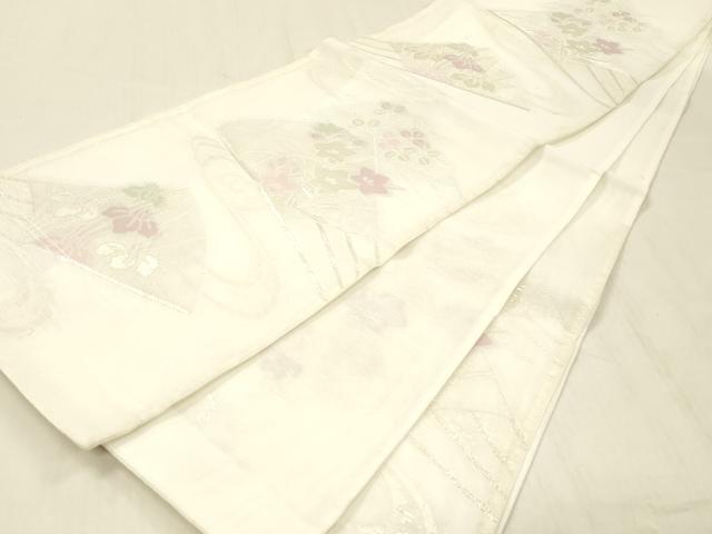 平和屋着物＊夏物 六通柄袋帯 流水扇面草花文 銀糸 DABC8137cm