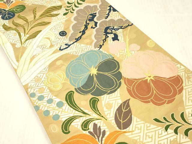 平和屋着物●西陣 白綾苑大庭 六通柄袋帯 花松文 金糸 正絹 逸品 DABC8140cm