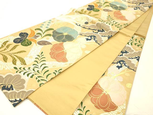 平和屋着物●西陣 白綾苑大庭 六通柄袋帯 花松文 金糸 正絹 逸品 DABC8140cm