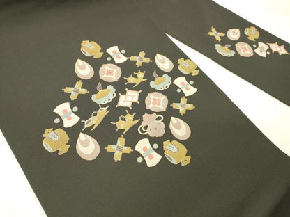 平和屋着物●塩瀬　九寸名古屋帯　宝尽くし文　黒地　金彩　正絹　逸品　DABC8143cm
