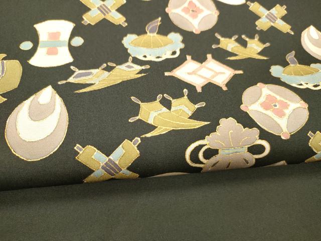 平和屋着物●塩瀬　九寸名古屋帯　宝尽くし文　黒地　金彩　正絹　逸品　DABC8143cm