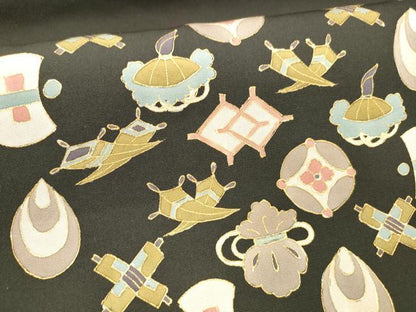 平和屋着物●塩瀬　九寸名古屋帯　宝尽くし文　黒地　金彩　正絹　逸品　DABC8143cm