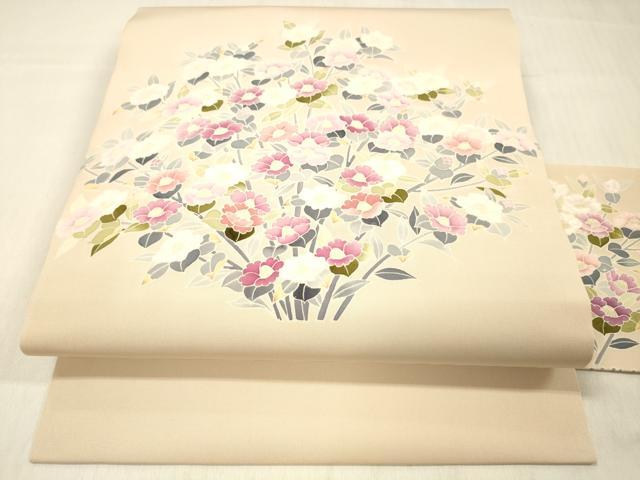 平和屋着物●塩瀬 九寸名古屋帯 友禅 草花文 正絹 逸品 DABC8145cm