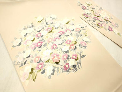 平和屋着物●塩瀬 九寸名古屋帯 友禅 草花文 正絹 逸品 DABC8145cm