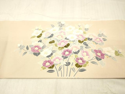 平和屋着物●塩瀬 九寸名古屋帯 友禅 草花文 正絹 逸品 DABC8145cm
