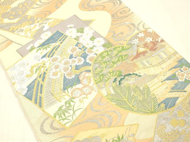 平和屋着物▽西陣 川島織物 六通柄袋帯 スリーシーズン 春夏秋 流水風景花文 プラチナ 金糸 正絹 逸品 DABC8146cm